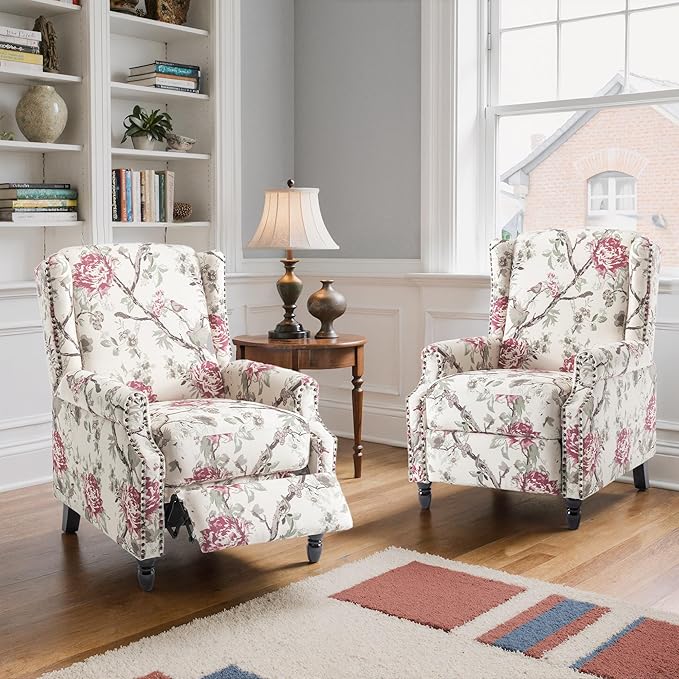 Set of 2 Floral Pushback Recliner Chairs Fabric Upholstered Rivet Trim Accent Club Chairs for Living Room Home Theater- Red Floral