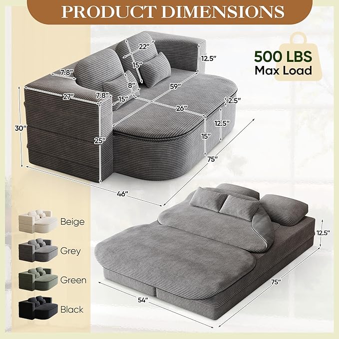 Antetek Convertible Sleeper Sofa Modern Folding Futon Corduroy Floor Foam Compression Loveseat Sofa Bed Couch Foldable Full Size Guest Bed with 4 Pillows for Living Room Bedroom Apartment Grey