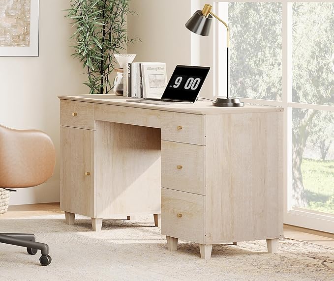 WAMPAT Desk with Drawers &amp Storage Cabinet 58 Inch Light Oak Wood Desk with Charging Station Modern Home Office Large Wooden Executive Computer Desk Vanity Desk for Bedroom