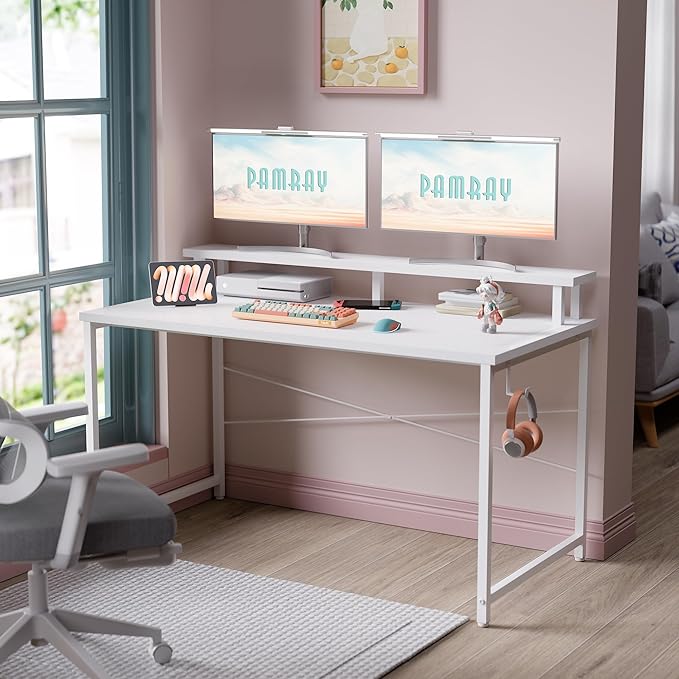 Pamray 47 Inch Small Computer Desk with Monitor Stand Simple Office Desk with Headphone Hook for Small Spaces Kids Study Writing Table for Bedroom White
