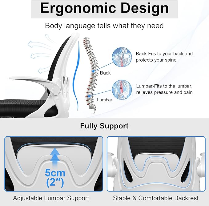 Drafting Chair Tall Office Chair with Flip-up Armrests Adjustable Height and Enhanced Lumbar Support - Ergonomic Rolling Stool Back Support and Adjustable Foot Rest Ring for Standing Desk White