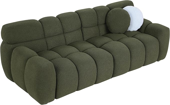 86.5 Green Boucle Cloud Sofa Couch Modern Tufted 3 Seater Sectional Sofa Set for Living Room Comfy Upholstered Couch Bed with 2 Accent Pillows for Bedroom Apartment Office
