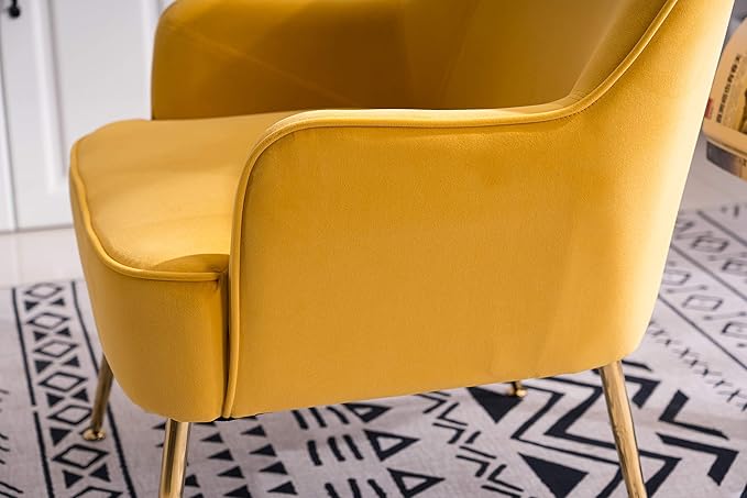 Modern Ergonomics Soft Velvet Fabric Material Accent Chair with Gold Legs and Adjustable Feet Screws for Indoor Home Living RoomYellow