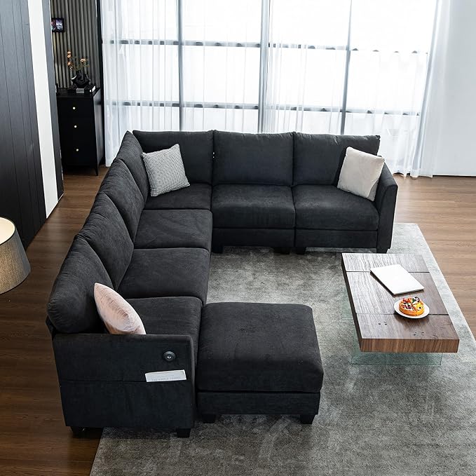 122.8 Large Sectional Couches for Living Room 6 Seater L Shaped Modular Sectional Sofa with Storage Ottoman &amp USB Oversized Corner Couch for Living Room（Black）