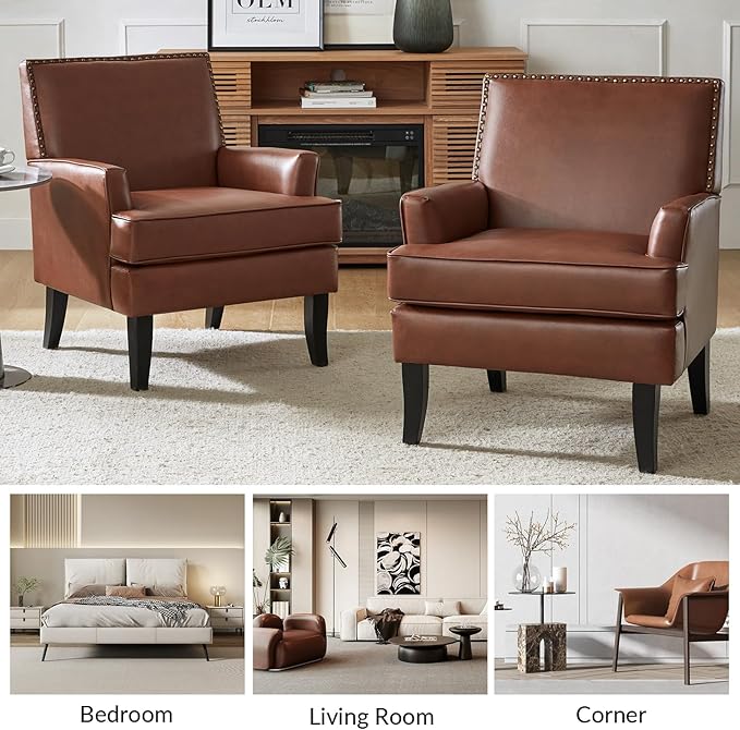 HULALA HOME Modern Faux Leather Accent Chair Comfy Upholstered Sofa Chair with Nailhead Trim Living Room Bedroom Armchair with Wood Legs Brown