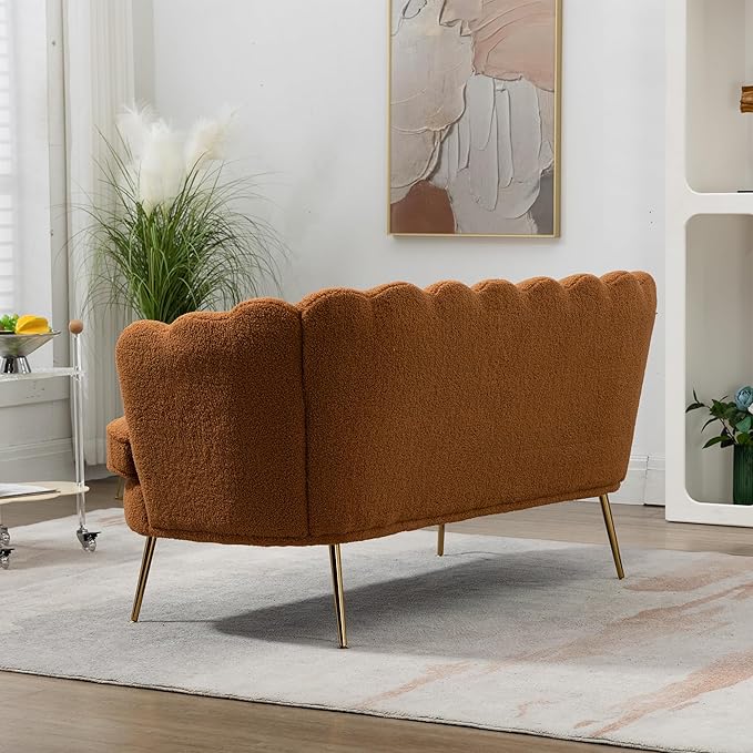 59 Wide Modern Boucle Loveseat Small Sofa Small Mini Room Couch 2-Seater Sofa with Gold Metal Legs for Space Office Studio Apartment Bedroom (Caramel)