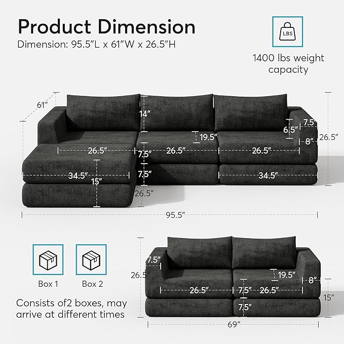 Cloud Boneless Modular Sectional Sofa 69 Modern Chenille Couch for Living Room Convertible L-Shaped Sleeper Sofa Bed with Ottoman Deep Seat Cloud Couch Sectional No Assembly RequiredGray