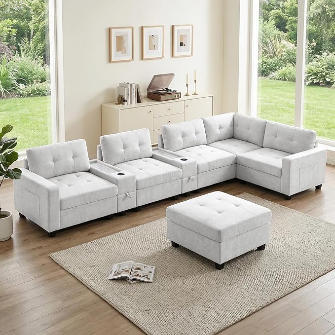 104'' Modular Sectional Sofa with 2 Tech Consoles Oversized U Shaped Couch Set with USB Charger Storage Movable Ottoman Chenille Large Sectional Couches for Living Room (Beige)