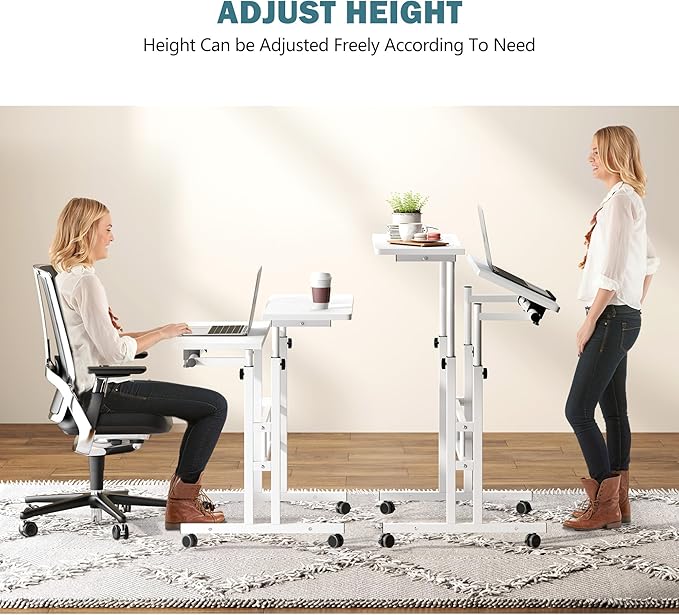 sogesfurniture Mobile Standing Computer Desk for Home Office Height Adjustable Laptop Workstation on Wheels with Keyboard Tray Small Portable Rolling Writing Table Sit to Stand Riser White
