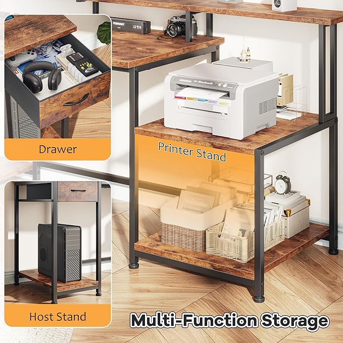 55 Inch Computer Desk with DrawerOffice Desk with Printer Storage Shelves &amp File CabinetGaming Desk with LED &amp Power OutletStudy Table with Monitor Shelf for Home Office Dorm BedRoom Rustic