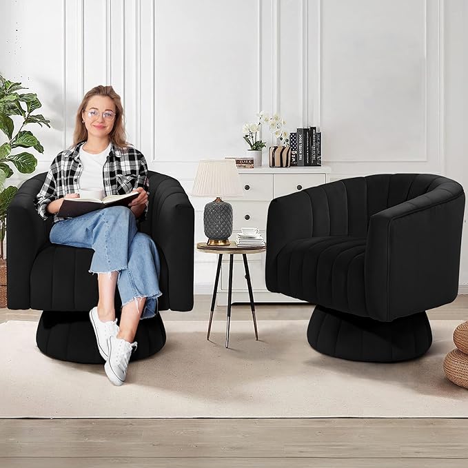 Kromax Swivel Accent Chair with Armrest Set of 2 Mid Century 360 Degree Swivel Barrel Chair Overstuffed Tufted Velvet Ideal for Living Room Bedroom Reading Room Black