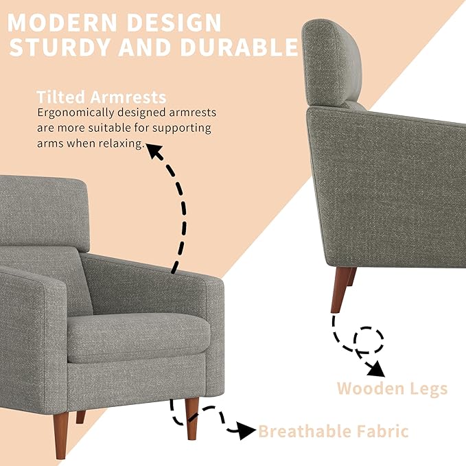 EJUNQ Mid-Century Accent ChairFabric Modern Reading Living Room Chairs Upholstered Armchair with Wood LegsCozy Reading Chair for Living RoomBedroom（Grey