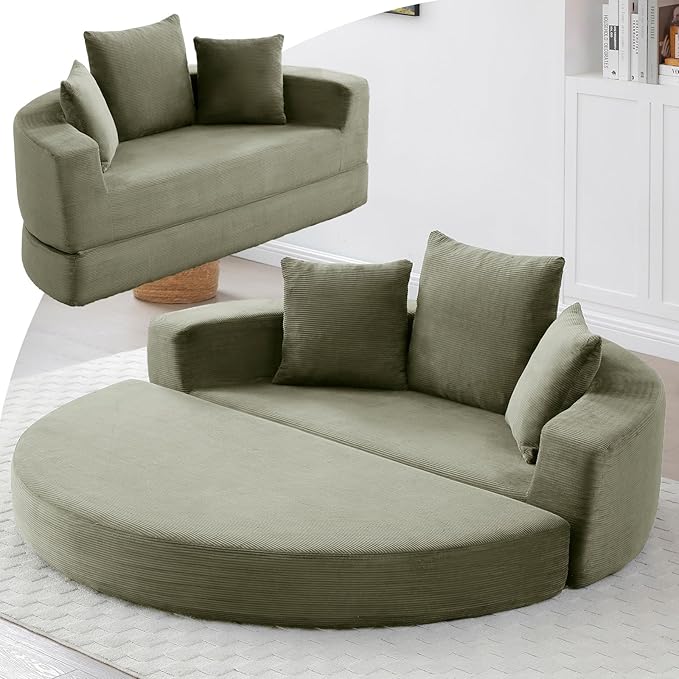 67” Foldable Couch Bed Corduroy Round Floor Couch with 3 Comfy Pillows 2 in 1 Convertible Sofa Bed for Living Room Apartment 380 LBS Capacity No Assembly (Green)