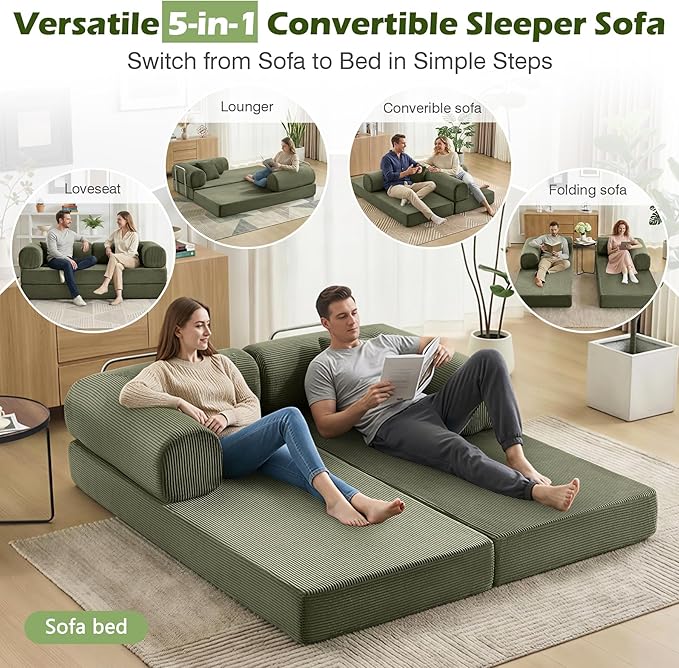 Sofa Bed 79 Convertible Sleeper Sofa with Pull Out Bed 5-in-1 Folding Corduroy Futon Couch Modular Loveseat Sofa Bed for Living Room Bedroom &amp Apartment Green