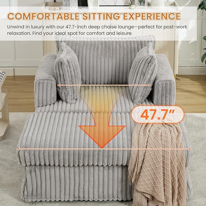 Oversized Chaise Longue IndoorComfy Upholstered Tufted Corduroy Single Sofa Couch Leisure Chair with 3 PillowDeep Seat Reclining Sleeper Sofa Chair for Living RoomBedroomOffice (Light Gray)