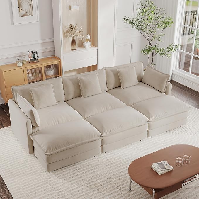 KEIKI 112 Oversized Chenille Modular Cloud Sectional Sofa with 3 Ottoman High-Density Foam Cushion Modern Style 3-Seater Fluffy Corner Couch with 5 Pillow for Apartment Living Room Beige
