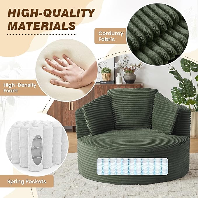48W Oversized Round Chaise Longue Chair IndoorCorduroy Fluffy Comfy Cloud ChairCircle Bean Bag Sofa with Foam Filling &amp PillowsBoneless Reading Cozy Sofa Chairs for Living RoomBedroomGreen