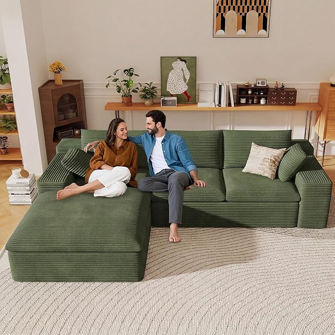 107 Cloud Sectional Couch with L-Shape Chaise Modern Corduroy Viral Boneless Sofa for Living RoomMemory Foam Couches in a Box with Deep SeatNo Assembly Required (GreenLeft-Facing Chaise)