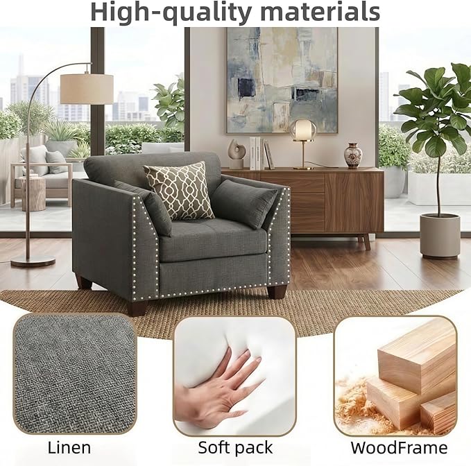 Dreamzie Modern Linen Accent Chair Upholstered Armchair with Nailhead Trim &amp 3 Throw Pillows Single Sofa Reading Chair for Living Room &amp Bedroom Solid Wood Legs (Light Gray)