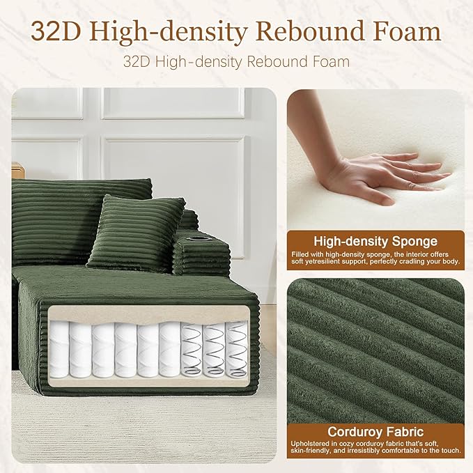 134 Inch Modular Sectional Sleeper Sofa Boneless Cloud Couch for Living Room U Shaped 5 Seat Sofa with 2 Storage Pockets&amp 2 Cup Holders Free Combination No Assembly Required (Green)