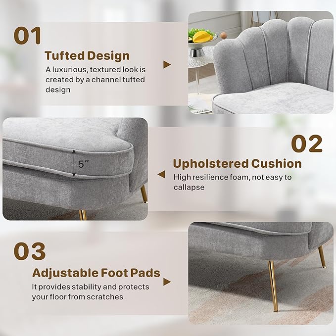 Mlmh &amp Kngwa Chenille Loveseat Sofa 59 2-Seater Couch Settee with Gold Metal Legs Comfy Upholstered Floral Small Sofa for Bedroom Living Room Apartment Light Gray