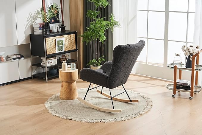 Rocking Chair Nursery Solid Wood Legs Reading Chair with Teddy Fabric Upholstered Nap Armchair for Living Rooms Bedrooms Offices Best GiftGrey Teddy Fabric
