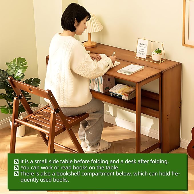 Sang Seiyoga Bamboo Folding Desk with Storage Shelf Space Saving Computer Table for Small Spaces Foldable Study Desk for Home Office Bedroom Dorm Apartment (Walnut)