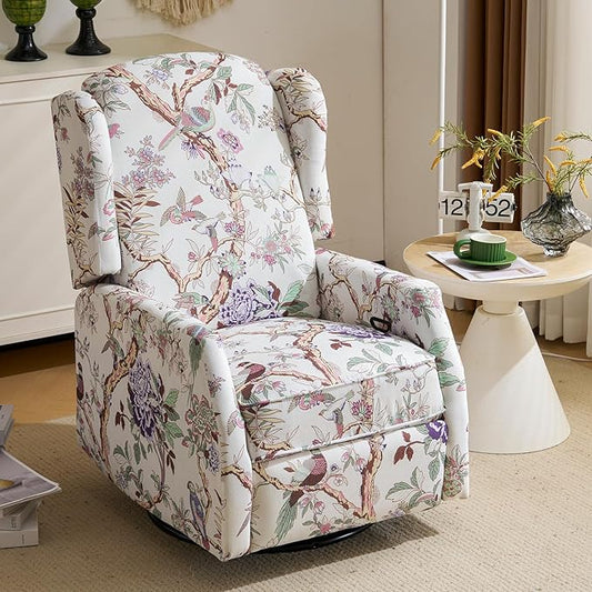 Swivel Rocker ReclinerWingback Recliner ChairFloral Accent Chair Fabric Chair with High BackPadded Seat for Living RoomBedroom Home Office (Bird)