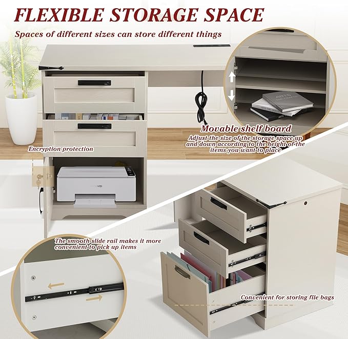 Grepatio 60 L Shaped Executive Desk with Drawers Farmhouse Corner Desk with USB Charging Station 2 Person Home Office Computer Writing Desks with Storage Key Lock Filing Cabinet (Grey)