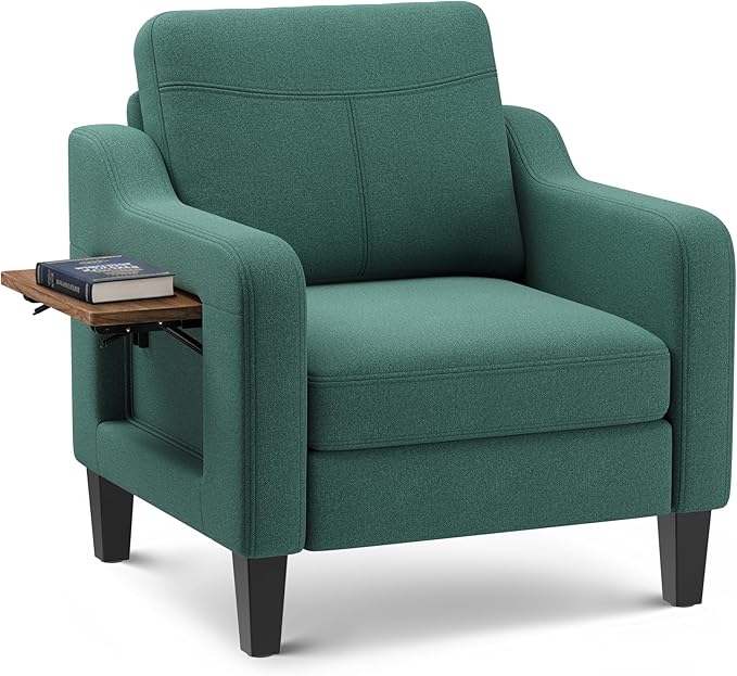 Accent Chair for Living Room Modern Linen Upholstered Armchair Side Wooden Fabric Sofa Chair with Foldable Table 2 Side Pockets Comfy Reading Chair for Bedroom
