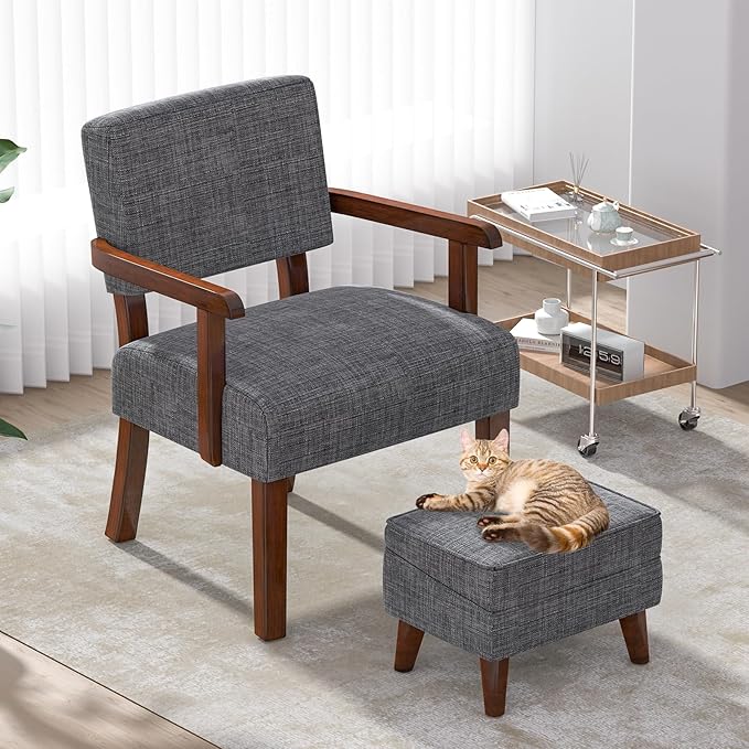 Accent Chairs with Adjustable Ottoman Comfy Arm Footrest Set Storage Footstool Sofa Armchair with Footrest Lazy Chair Set for Living Room/Bedroom/Reading Room Light Gray
