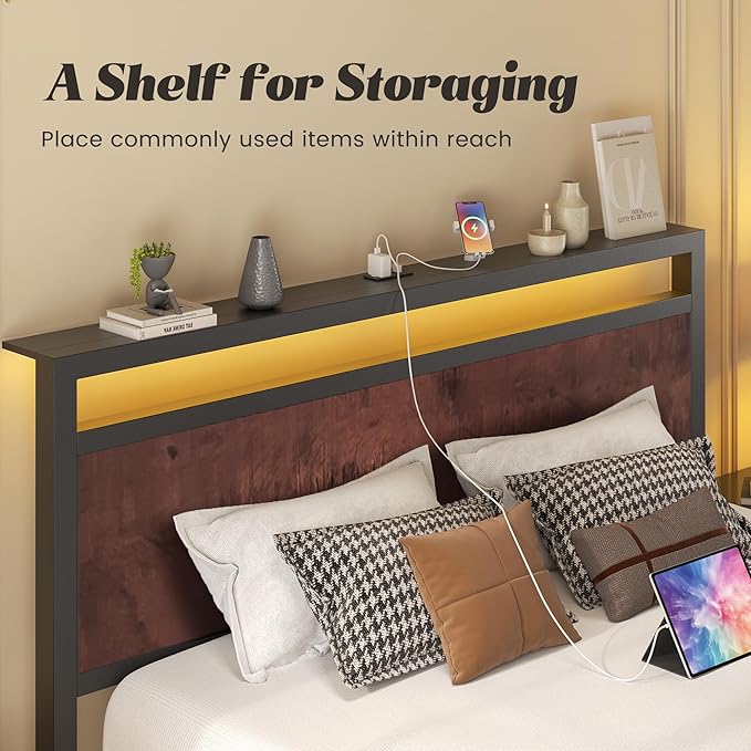 Queen Bed Frame with Headboard &amp Footboard Bed Frame with Built-in Charging Station &amp LED Light Storage Shelf Noise-Free No Box Spring Needed Easy Assembly Coffee Brown