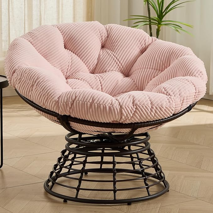 36” Papasan Chair with Cushion and Frame Oversized Papasan Chairs 360° Swivel Olefin Adjustable Feet Suitable for Living Room Patio Bedroom Indoor/Outdoor (Pink)