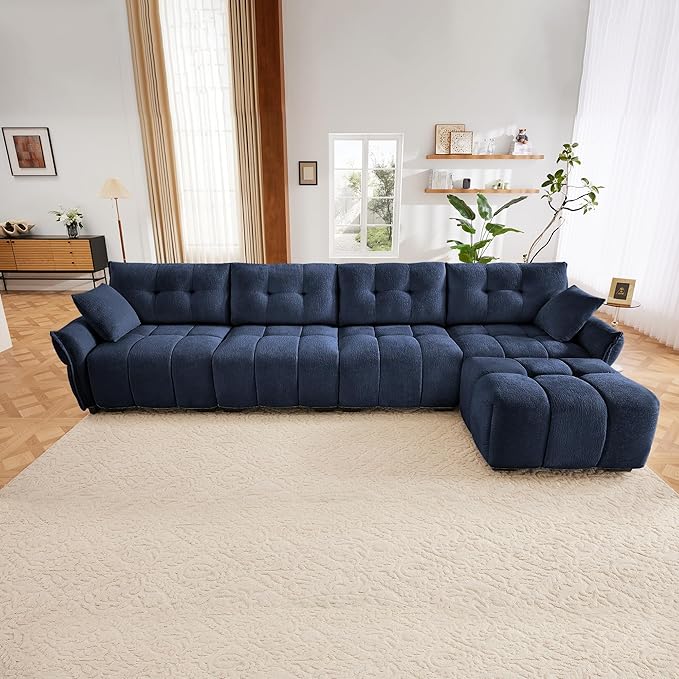 Aoowow Modular Sectional Sofa with Movable Ottoman 141.7” Chenille L Shaped Sofa Couch Upholstered Comfy 4-Seater Couches with Pillows for Living Room Apartment OfficeBlue