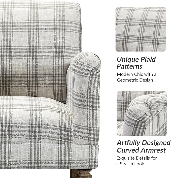 HULALA HOME Modern Accent Chair with Arms and Wooden Legs Comfy Upholstered Armchair for Living Room Bedroom (Plaid Pattern Grey)