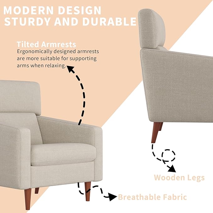 EJUNQ Mid-Century Accent ChairFabric Modern Reading Living Room Chairs Upholstered Armchair with Wood LegsCozy Reading Chair for Living RoomBedroom（Beige