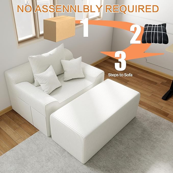 60'' Chaise Lounge Chair Indoor Oversized Upholstered Sofa Bed Sleeper Couch Reading Chairs Plush Corduroy Fabric Sofas Couches for Living Room (White)