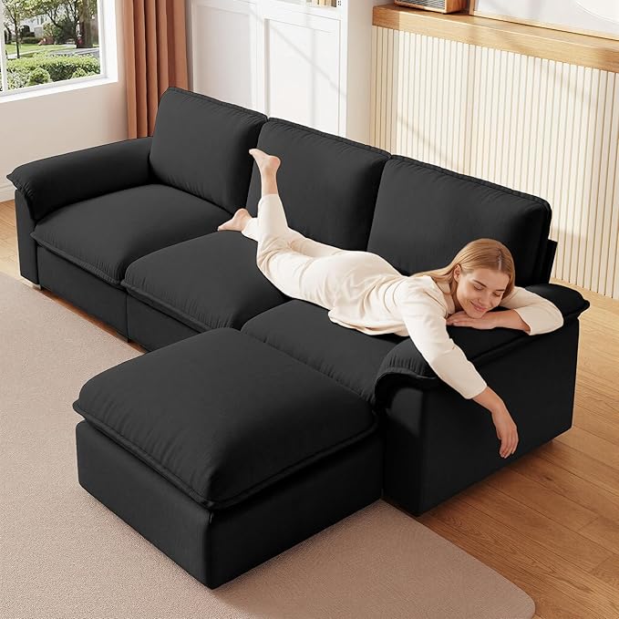 KEIKI 102 3Seat Modular Sectional Velvet Sofa Couch with Chaise Memory Foam for Urban Loft Small Space Style Conscious Urban Professionals Warm Inviting Comfy Supportive Premium Design Black