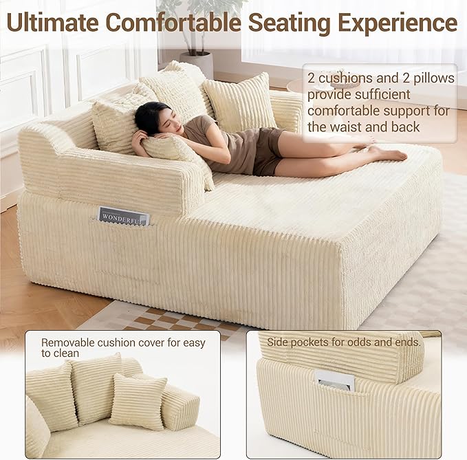58 Inch Chaise Lounge Chair Indoor Corduroy Boneless Sofa Bed Deep Seat Sleeper Couch Reading Chairs Upholstered Comfy Cloud Sofas Couches for Living Room No Assembly Required Beige
