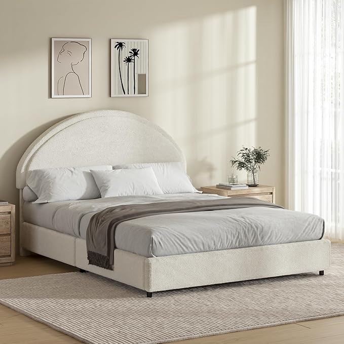 Full Size Bed Frame Soft Bed Frame with Rounded Corners Upholstered Boucle Platform Bed Frame with Round Headboard No Box Spring Required Easy Assembly White