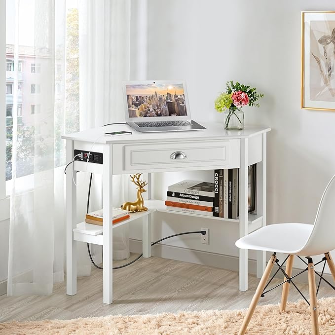 Yaheetech L Shaped Corner Computer Desk with Power Outlets Reversible Triangle Workstation with USB Ports and Hook for Small Space Modern Home Office Desk Gaming Table with Drawer &amp Shelf White