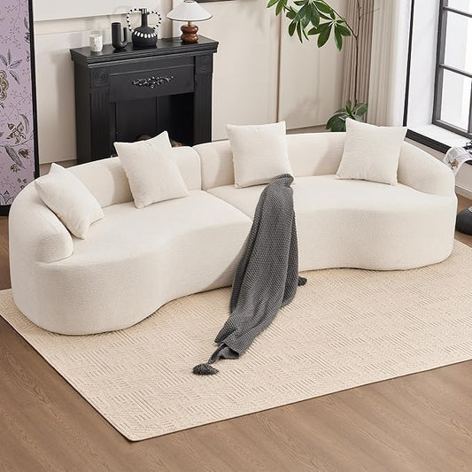 110 Curved Sectional Sofa for Living Room Modern Oversized Plush Chenille Cloud Round Deep Seat Compressed Boneless Couch with 4 Throw Pillows for Apartment No Assembly Needed White