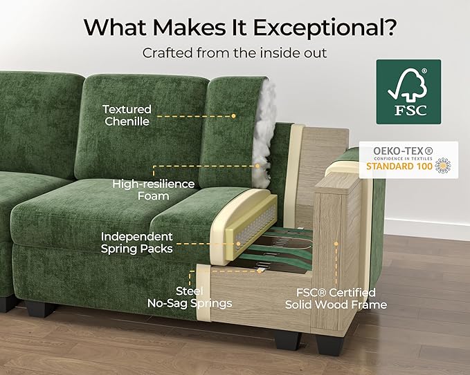 Single Seat Module for Olar Oversized Modular Sectional Sofa Extra Deep and Wide Cloud Chair Cushion Covers Removable Freely Combined with Other Modules by U-connectors Chenille Green