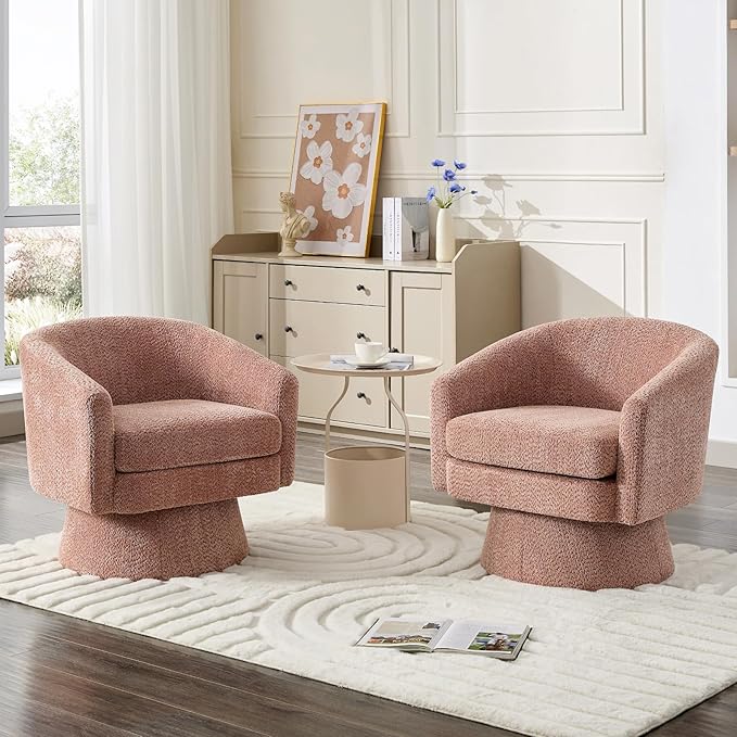 360°Swivel Accent Chair with ArmsComfy Living Room Armchair with Curve Back and Soft CushionRound Chenille Fabric for Living Room Bedroom Office