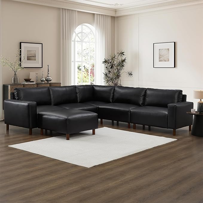 Mid-Century Modern Sofa with Movable Ottoman PU Leather V-Shaped Couch with Solid Wood Legs Comfy Modular Sectional Sofa Upholstered Cozy Couch for Living Room Bedroom Apartment(104W Black)