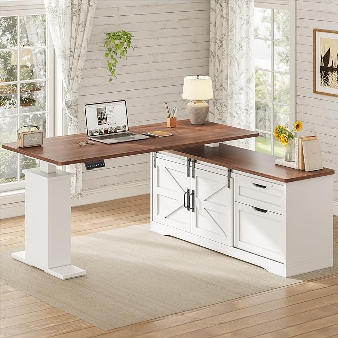 SEDETA Farmhouse L Shaped Standing Desk 55 inch Height Adjustable Corner Desk with Storage Drawers Standing Computer Desks with Power Outlets for Home Office White