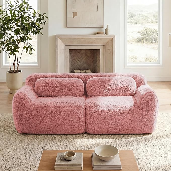 80.4-Inch Boneless Love Seat Couches in a Box Modern 2 Seat Floor Modular Foam Cloud Sofa Faux Fur Loveseat Couch W/Angle Armrests for Home Apartments Bedroom