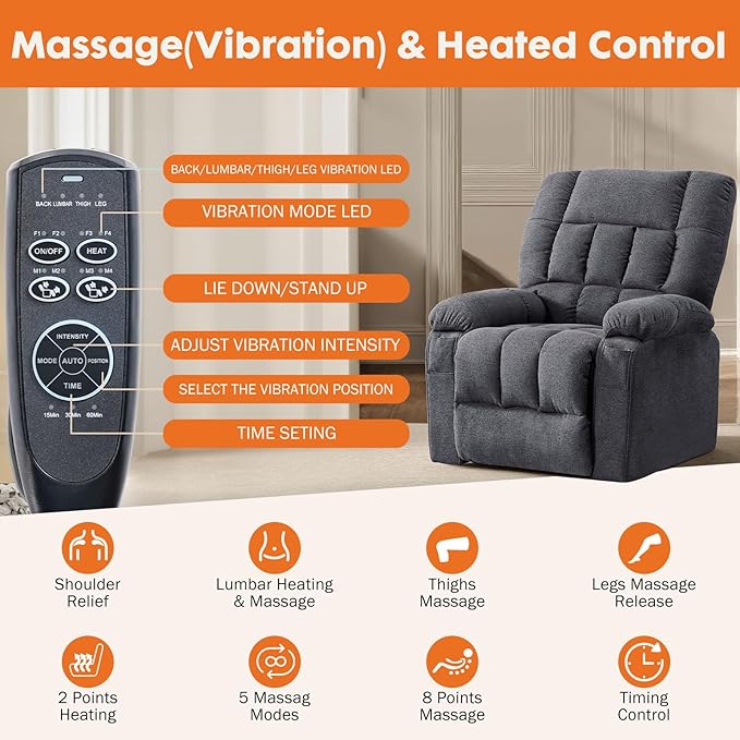 Sweetcrispy Power Lift Recliner Chair with Vibration Massage and Heat for Elderly Ergonomic Overstuffed Breathable Fabric Reclining Chair with 3 Pockets Remote Control Living Room Light Brown
