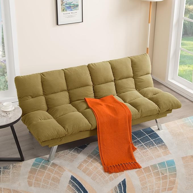 67” Convertible Futon Couch Bed Adjustable Pillow Top Arm Memory Foam Cloud Futons Loveseat Modern Light Gray Corduroy Mini Small Sofa Couches for Living Room