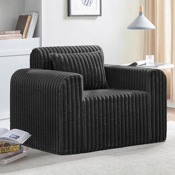 Hobestluk Single Sofa Foam Couch Sofa for Small Spaces Comfy Sofas with Removable Cover Furry Couch with Pillows for Living Room Bedroom Apartment Office (Black Standard)